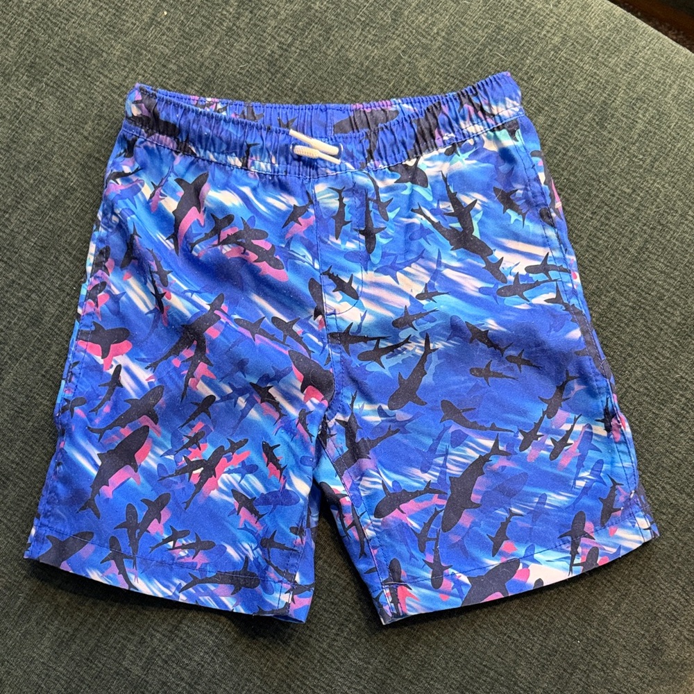 Boys Blue Shark Print Swim Trunks